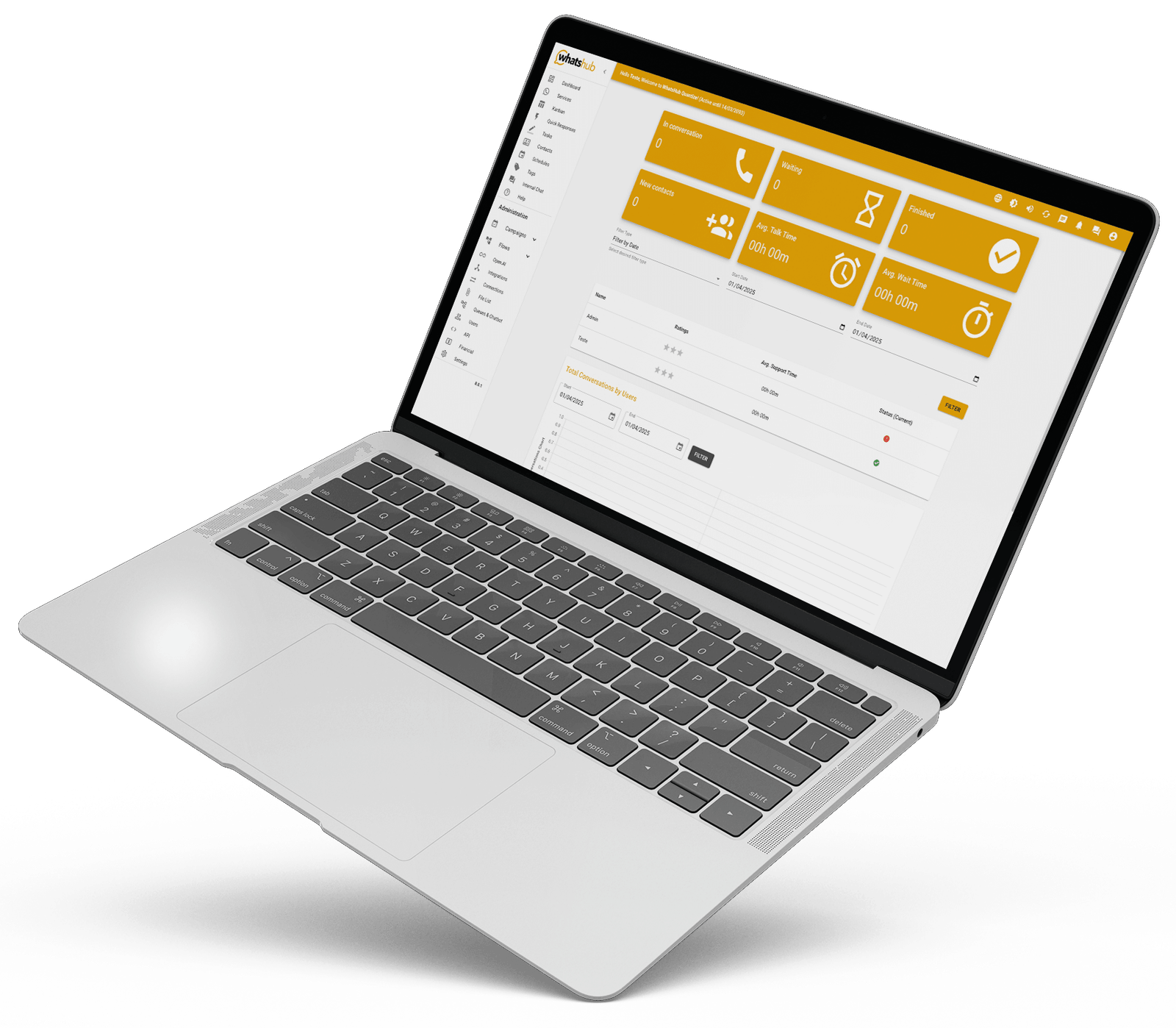 Notebook com o dashboard aberto dos atendimentos WhatsHub
